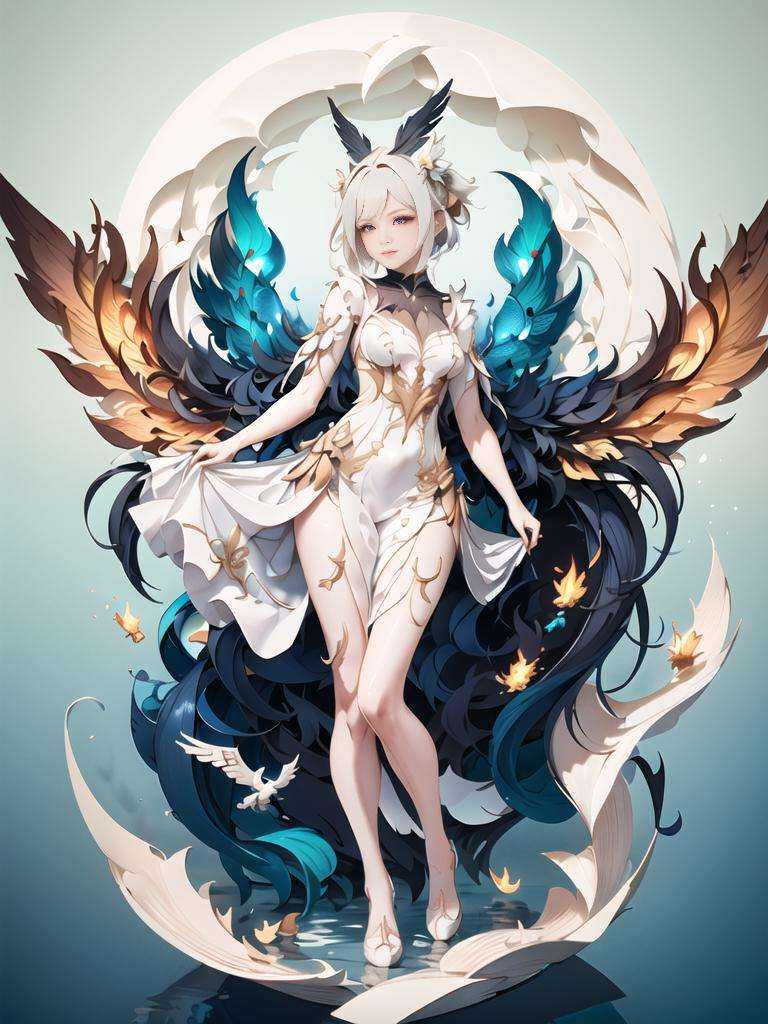 A maiden dressed in a gorgeous dress,  surrounded by water and fire and wings as behind,  Softlight on Tensor.Art