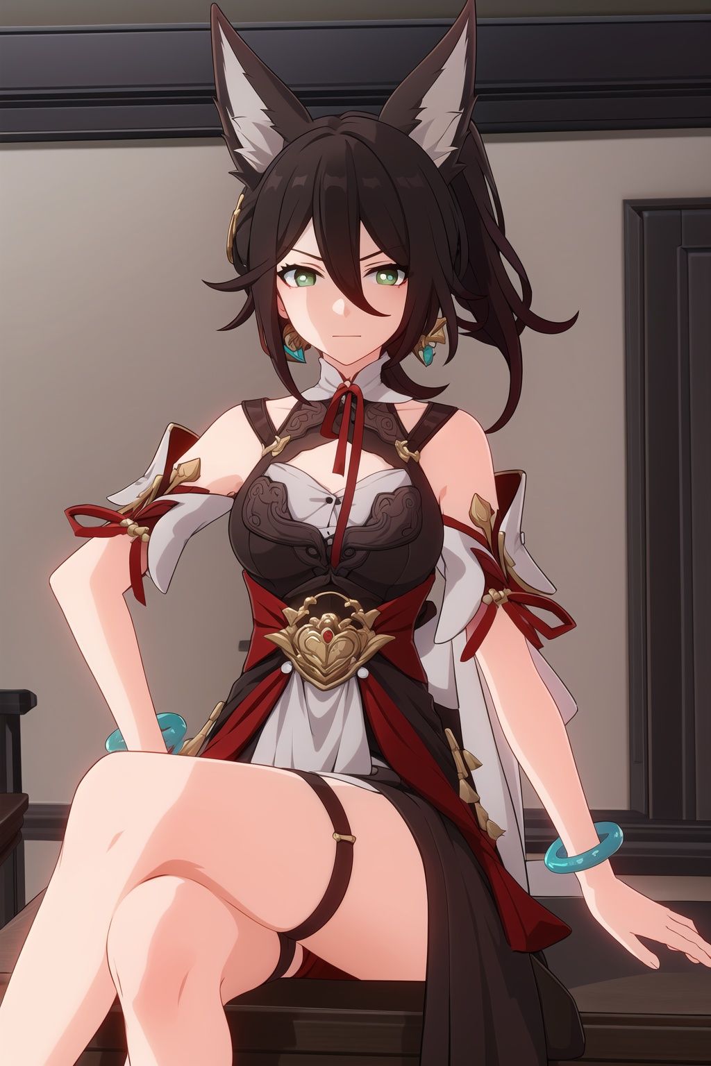 1girl, solo, brown hair, animal ears, ponytail, hair ornament, green eyes, red eyeshadow, jewelry,medium breasts,maid headdress,maid apron,maid bikini,maid dress,thighhighs,bare shoulders, tail, bracelet,indoors   , ,<lora:tingyun-000001:0.75> <lora:genshin-char-model:0.25>,shiny skin,shiny hair,,(crossed legs:1.2),angry,hand on hip, evil smile,indoor,bedroom,bed,night,light on face, (Symmetrical eyes:0.9),lightning,bright pupils,hdr,bloom, high light,An epic scene,best shadow,best light,game cg,(masterpiece, best quality:1.4), anime screencap,<lora:hipoly_3dcg_v7-epoch:0.0:hipoly> 