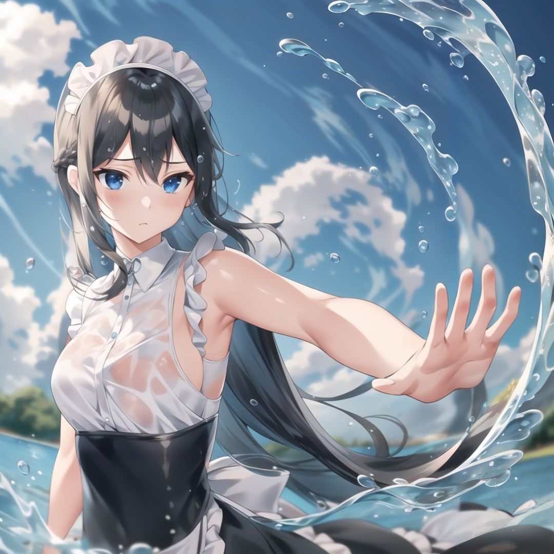 Fisheyes, masterpiece, top quality, best quality, official art, beautiful and aesthetic, animation<lora:Yuansuli_shui:1>,shui, (flowing water),flowing water droplets,(splashing water drops),water magic,Water Magic Practice,1girl, long hair,  Water surrounds the girl's body,maid headdress, maid apron, maid uniform, outdoors, lake side, black hair, beautiful face,hand up, fighting stance, expressionless, (friction ridge),
