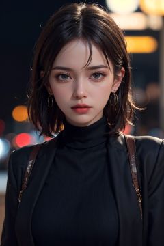 photo of beautiful (n4t3mm:0.99), a woman as a movie star, turtleneck sweater, black jacket, (trousers), movie premiere gala, dark moody ambience (masterpiece:1.2) (photorealistic:1.2) (bokeh) (best quality) (detailed skin:1.2) (intricate details) (nighttime) (8k) (HDR) (cinematic lighting) (sharp focus), (looking at the camera:1.1), ((closeup portrait:1.2)), (earrings), colorful outfit