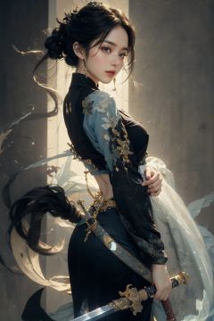 ((masterpiece, best quality)),a girl holding a sword, in the style of dark azure and light azure, mixes realistic and fantastical elements, vibrant manga, uhd image, glassy translucence, vibrant illustrations<lora:anxiang:0.75>,