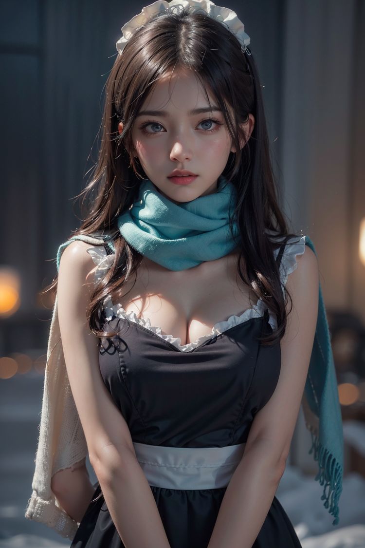 masterpiece,best quality,official art,extremely detailed CG unity 8k wallpaper,large breasts, 1girl, upper body, face close up,scarf, maid, snow shelter,exposure blend, medium shot, bokeh, (hdr:1.4), high contrast, (cinematic, teal and orange:0.85), (muted colors, dim colors, soothing tones:1.3),