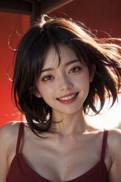 1girl, upper body, (huge Laughing),sweety,sun glare, bokeh, depth of field, blurry background, light particles, strong wind,head tilt,simple background, red background,<lora:film:0.4>