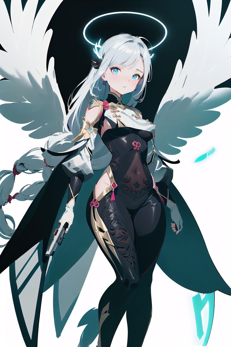 (((masterpiece))),(((best quality))), ((ultra-detailed)), (illustration), ((an extremely delicate and beautiful)),dynamic angle,floating, (beautiful detailed eyes), (detailed light),((1girl :1.5)),(((beautiful long silver hair))),(((very long hair))),(((combat suit+hyper machine))),(((small breasts))),(((full body))),(white background:1.4),((floating white feather)),(((glowing halo))),((light blue beam surround girl))),(machanical wings+hyper machine)),((white gloves)),(((machanical wings))),((floating guns surround girl)),(full body:1.4), blue eyes, <lora:翻个的咸鱼手手-v3:0.15><lora:(v1)reg-any4.5-shenhe-000010-nsfw:0.55>,shenhe,