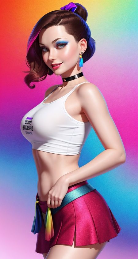 garterbelt, embroidery, multiple straps, front view,  facing viewer,... ,photo of Sophie Ellis-Bextor, ***** woman, solo, arms behind back, smile,blush, breasts, cowboy shot, crop top, boob, miniskirt, long hair, looking at viewer, ribbon, skirt, smile, solo, thigh strap, ponytail, virtual youtuber,gradient background,colorful background, (iridescent clothes:1.2), chromatic aberration, close shot,magazine cover, cover art, illustration, studio shot, (uodenim style:0.8),subsurface skin scattering, shiny skin,3d,vax,plastic,choker, earrings, eyelashes, eyeshadow, lips, lipstick, jewelry, makeup, nose, parted lips,standing, navel, (gentle:0.7),