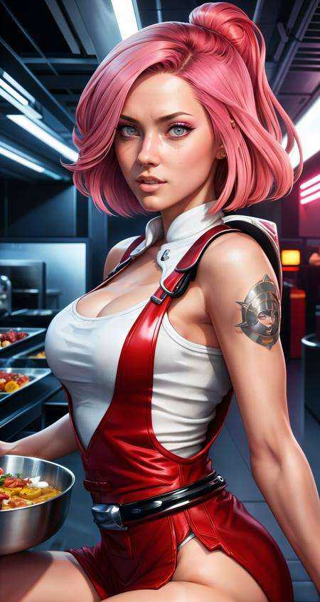 woman, solo, chef, pink hair, light pink eyes, detailed face, ([Elizabeth Banks|Adriana Lima|Salma Hayek]:0.85),  (thepit style, uodenim style, stanleylau style, :0.9), masterpiece, professional, high quality, beautiful, amazing, sci-fi, ConceptArtWorld, chanchanko, Steve Dillon, Jean Giraud, photoshoot, 4k, realistic, detailed background, aspiring, real life,