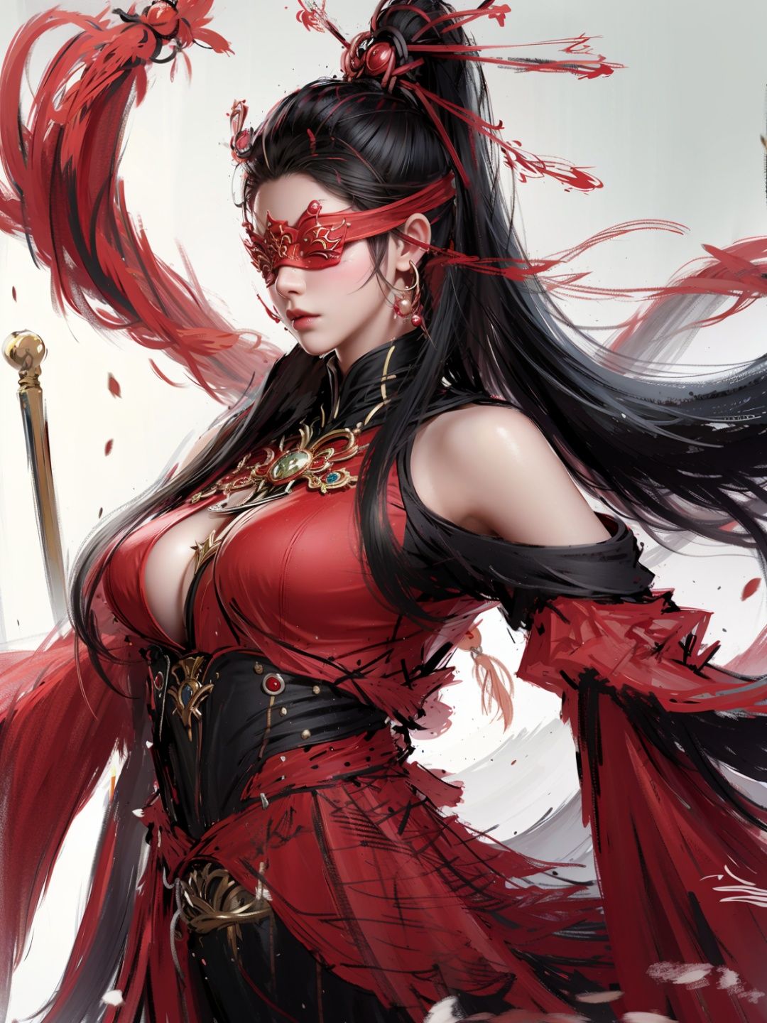1girl:，，pose，Best quality, masterpiece, ultra high res, (photorealistic:1.4), <lora:OC:0.4> <lora:NHY01:1>Red clothes, eye patches, long hair，wind，Eye masks cover the eyes <lora:LightLine:0.3>Long black hair，Large scene，Side face, side body