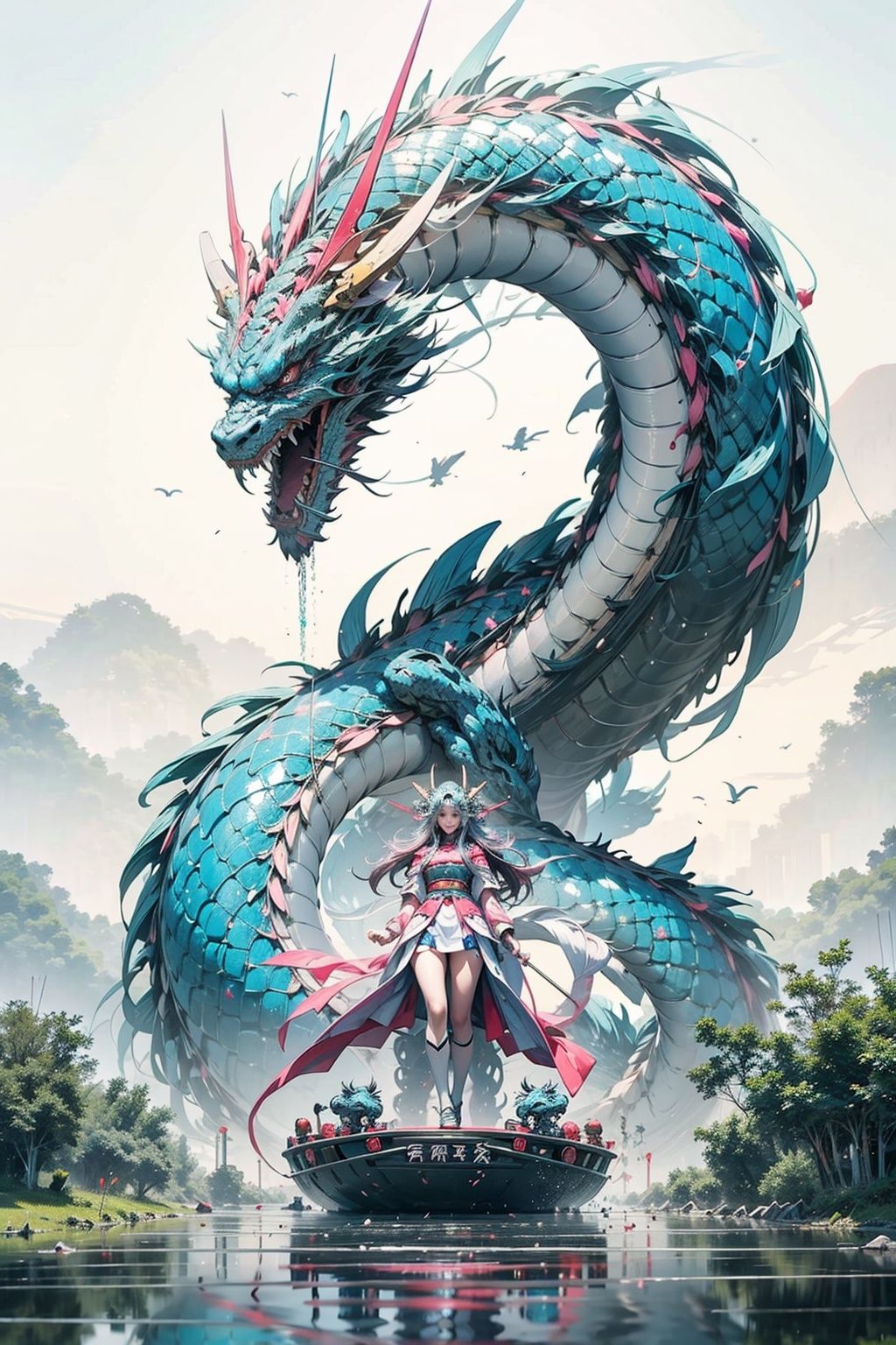 Ultra clear,(1girl:1.3),(Red/Blue/Pink/White/Black/Cyan/Purple Mech:1),(gundam:1),highly realistic,Chinese Dragon Boat Festival background,glassy translucence,full_body,