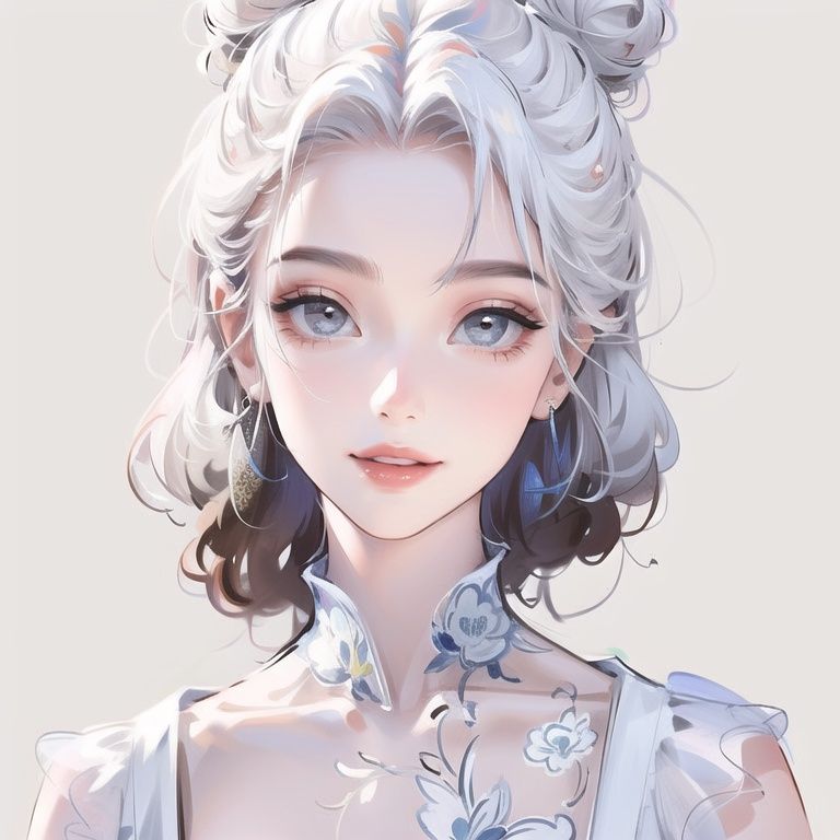 cxg，(masterpiece, best quality:1.2), ultra-detailed,(ultra detailed),white_background,1girl, White hair，hair_bun,portrait,best light and shadow,smile,