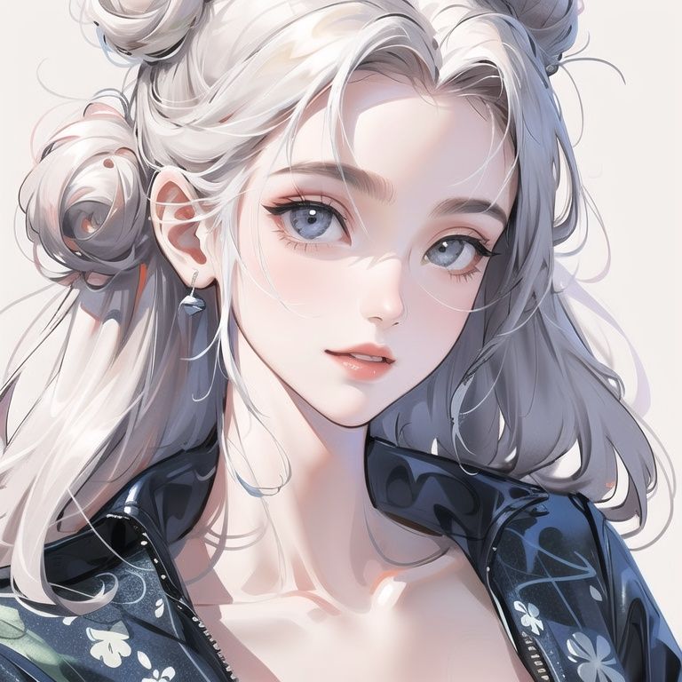 cxg，(masterpiece, best quality:1.2), ultra-detailed,(ultra detailed),white_background,1girl, White hair，hair_bun,portrait,best light and shadow,smile,