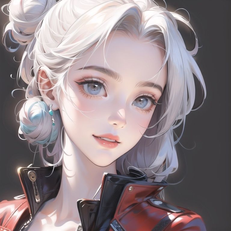 cxg，(masterpiece, best quality:1.2), ultra-detailed,(ultra detailed),white_background,1girl, White hair，hair_bun,portrait,best light and shadow,smile,