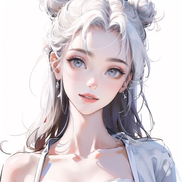 cxg，(masterpiece, best quality:1.2), ultra-detailed,(ultra detailed),white_background,1girl, White hair，hair_bun,portrait,best light and shadow,smile,