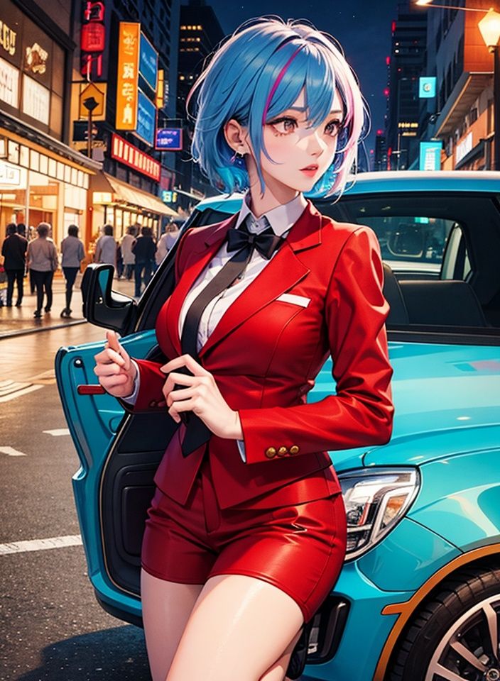 At night, a mature beauty with rainbow hair, colorful short hair, red suit, white shirt, black tie, kneeling on a car seat, detailed details, detailed depiction of facial features, detailed depiction of pupils, detailed depiction of hair