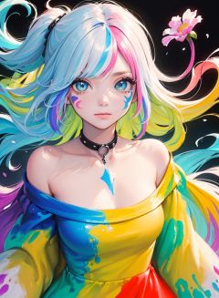 （Pink Fashion T-shirt：1.9），(Colorful hair: 1.8), (all the colours of the rainbow: 1.8),(((((vertical painting：1.6))), （painting：1.6），front, comics, illustrations, paintings, large eyes, crystal clear eyes,（ rainbow color gradient high ponytail：1.7）, exquisite makeup, closed mouth,(Small Fresh: 1.5),(Wipe Chest: 1.6) ，long eyelashes, white off shoulder T-shirt, White Shoulder Shirt，looking at the audience, large watery eyes, (rainbow colored hair：1.6), color splash, （solo： 1.8）, color splash, color explosion, thick paint style, messy lines, ((shining))，(colorful), (colorful), (colorful), colorful, Thick Paint Style, (Splash) (Color Splash), Vertical Painting, Upper Body, Paint Splash, Acrylic Pigment, Gradient, Paint, Highest Image Quality, Highest Quality, Masterpiece, Solo, Depth of Field, Face Paint, colorful clothes, (Elegant: 1.2), gorgeous,long hair, wind, (Elegant: 1.3), (Petals:  1.4)，(((masterpiece))),(((best quality))),((ultra-detailed)),(illustration),(dynamic angle),((floating)),(paint),((disheveled hair)),(solo),(1girl) , (((detailed anima face))),((beautiful detailed face)),collar,bare shoulders,white hair, ((colorful hair)),((streaked hair)),beautiful detailed eyes,(Gradient color eyes),(((colorful eyes))),(((colorful background))),(((high saturation))),(((surrounded by colorful splashes))),