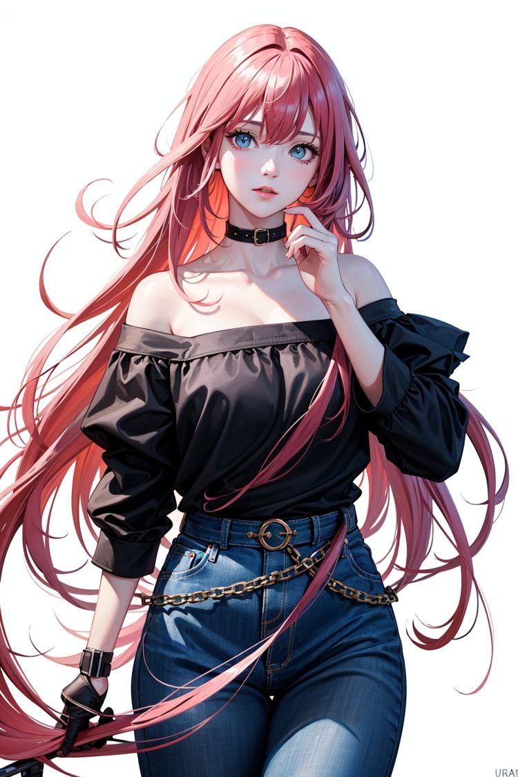 Girl, long hair, pink hair, Epic painting, off the shoulder, ((a beautiful girl)), Top illustrator, blue hole, highest quality, aesthetic scene, Hold your face in your hands, ((white background)), designer painting, shadow, light and shadow details, 8k picture quality, light and shadow effect, fine painting, Ultra HD