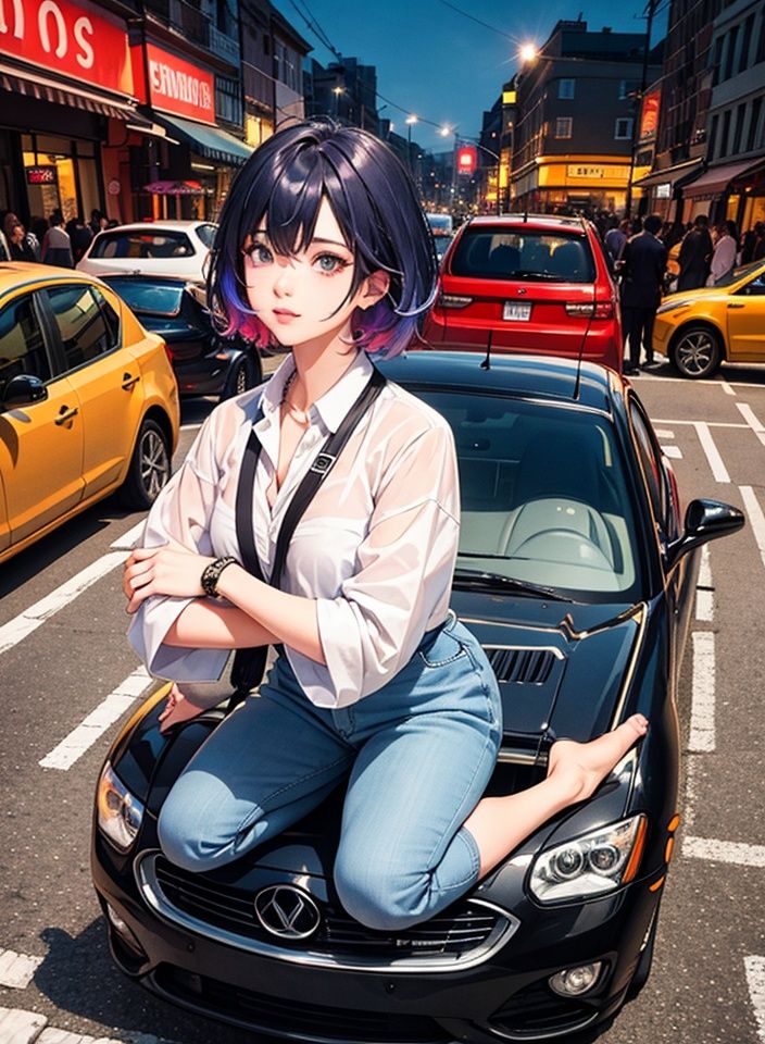 At night, a mature beauty with rainbow hair, colorful short hair, red suit, white shirt, black tie, kneeling on a car seat, detailed details, detailed depiction of facial features, detailed depiction of pupils, detailed depiction of hair
