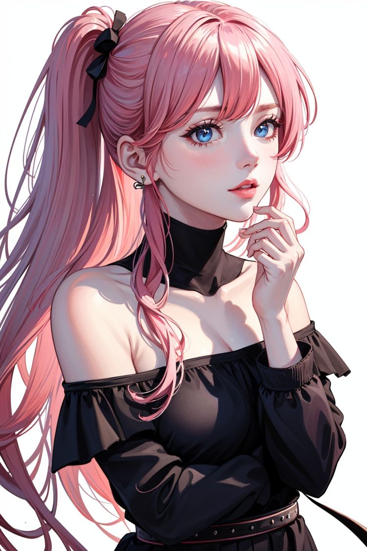 Girl, long hair, pink hair, Epic painting, off the shoulder, ((a beautiful girl)), Top illustrator, blue hole, highest quality, aesthetic scene, Hold your face in your hands, ((white background)), designer painting, shadow, light and shadow details, 8k picture quality, light and shadow effect, fine painting, Ultra HD