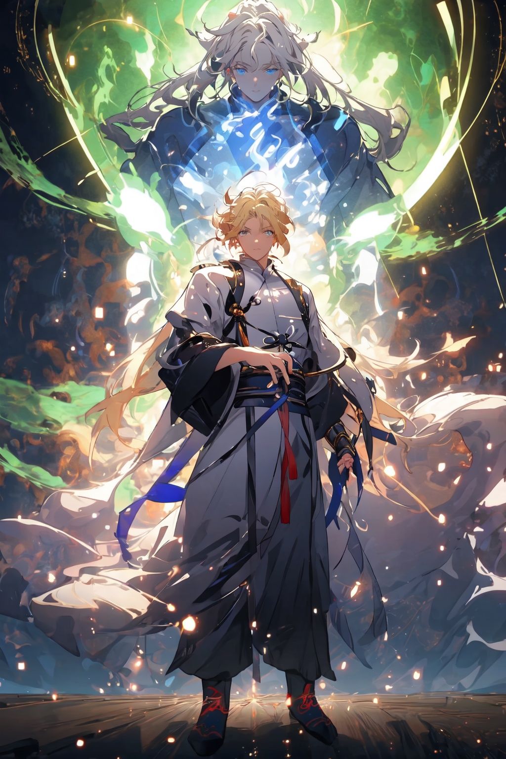 , (masterpiece:1.2), best quality,PIXIV,  taoist,a character standing in front of blonde glowing  taoist,transparent,<lora:taoist_20230623200708-000018:1>