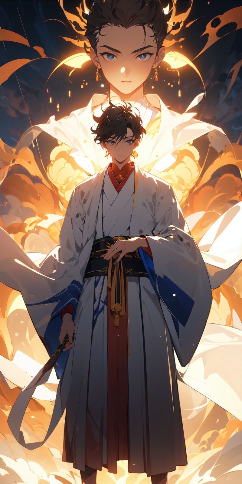 , (masterpiece:1.2), best quality,PIXIV,  1 boys,solo, black hair, short hair, glowing, japanese clothes, hand up, long sleeves, chinese cloth, standing,standing in front of blue glowing buddha <lora:taoist_20230623200708-000018:0.8>