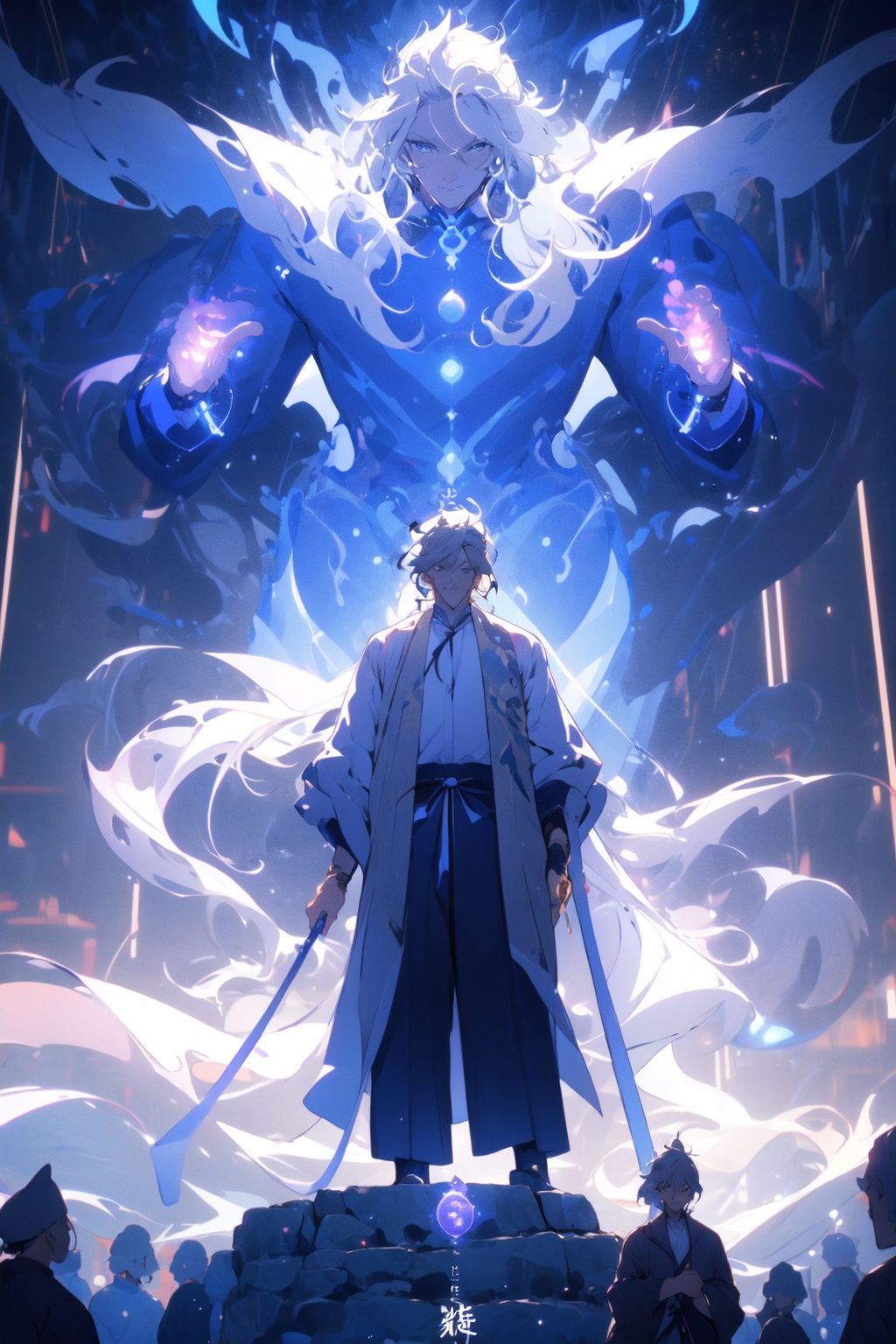 , (masterpiece:1.2), best quality,PIXIV,  taoist,an  old man standing in front of purple glowing real people,transparent,<lora:taoist_20230623200708-000018:1>