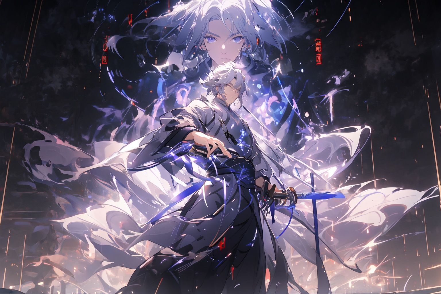 , (masterpiece:1.2), best quality,PIXIV,  taoist,1 character standing in front of purple glowing taoist,transparent,  <lora:taoist_20230623200708-000018:1>