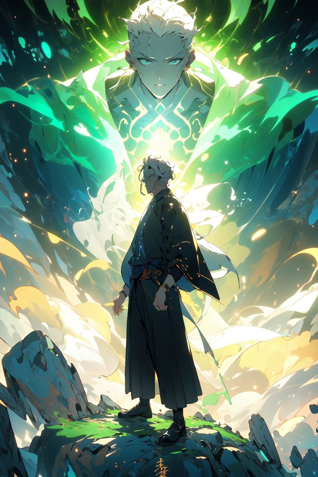 , (masterpiece:1.2), best quality,PIXIV,  taoist,an  old man standing in front of green glowing taoist,transparent,<lora:taoist_20230623200708-000018:1>