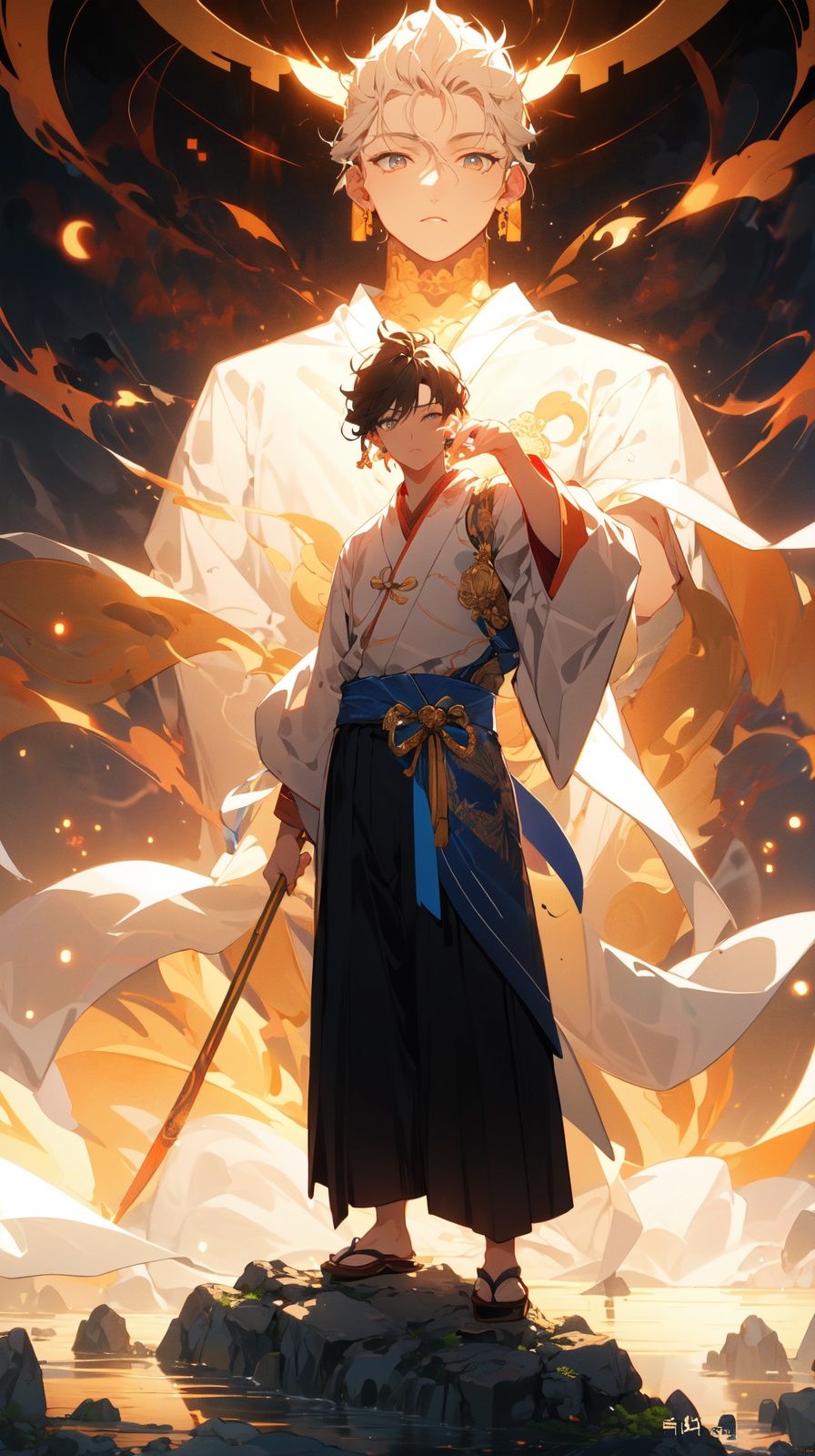 , (masterpiece:1.2), best quality,PIXIV,  1 boys,solo, black hair, short hair, glowing, japanese clothes, hand up, long sleeves, chinese cloth, standing,standing in front of blue glowing buddha <lora:taoist_20230623200708-000018:0.8>