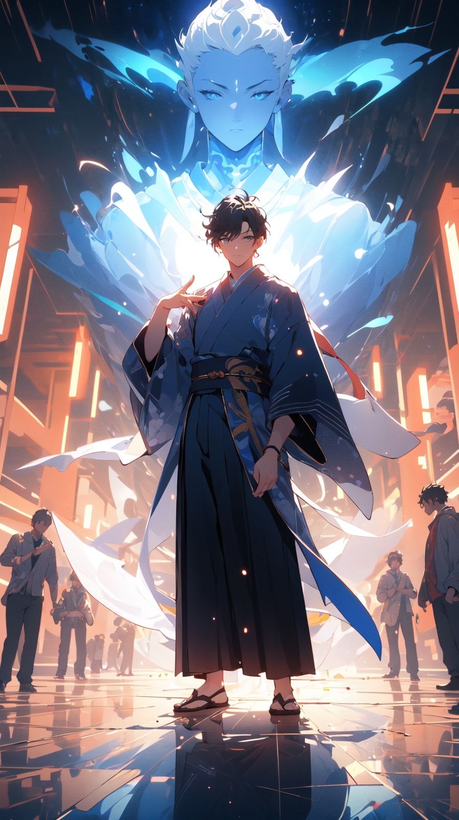 , (masterpiece:1.2), best quality,PIXIV,  1 boys,solo, black hair, short hair, glowing, japanese clothes, hand up, long sleeves, chinese cloth, standing,standing in front of blue glowing buddha <lora:taoist_20230623200708-000018:0.8>