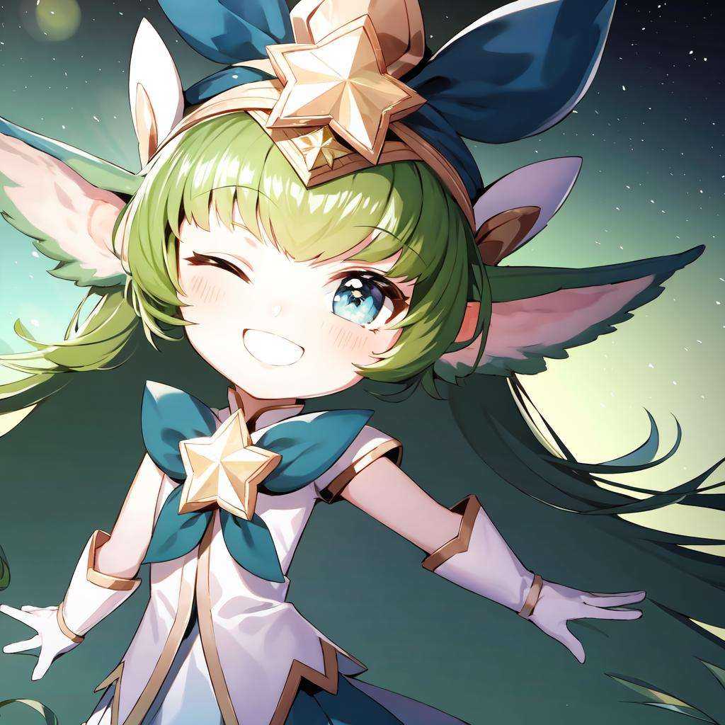 best quality, masterpiece, extremely detailed, detailed background, Star_Guardian_Lulu, smile, eyes closed, galaxy background <lora:Star_Lulu-10:1>
