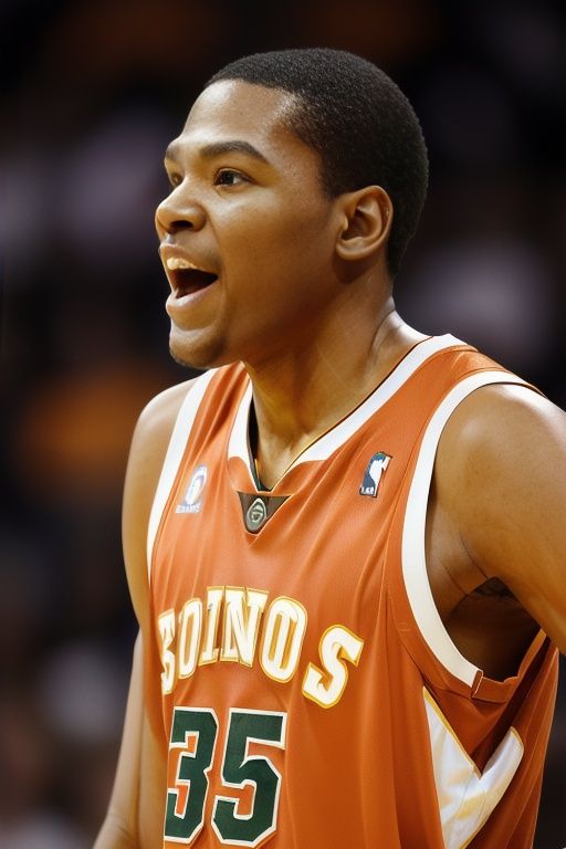 realistic,best quality,RAW photo, Movie lighting,a man in an orange uniform is singing into a microphone while a crowd watches from the sidelines of a basketball court,Durant_Sonics,kd2007,35jersey,<lora:KD_V3:STRENGTH>,skinhead,shiny skin,Looking at the camera,portrait, 