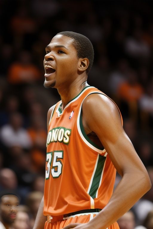 realistic,best quality,RAW photo, Movie lighting,a man in an orange uniform is singing into a microphone while a crowd watches from the sidelines of a basketball court,Durant_Sonics,kd2007,35jersey,<lora:KD_V3:0.4>,skinhead,shiny skin,Looking at the camera,portrait, 