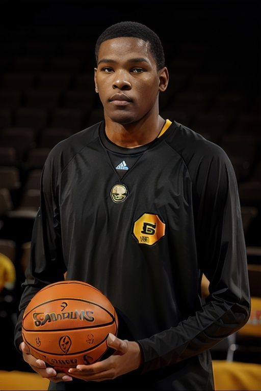 realistic,best quality,RAW photo, Movie lighting,a man holding a basketball in a black shirt and a black shirt with a yellow stripe on it and a black shirt with a yellow stripe on it kd,Durant_Sonics,35jersey,skinhead,<lora:KD_V2-000027:0.7>,shiny skin,Looking at the camera,portrait,