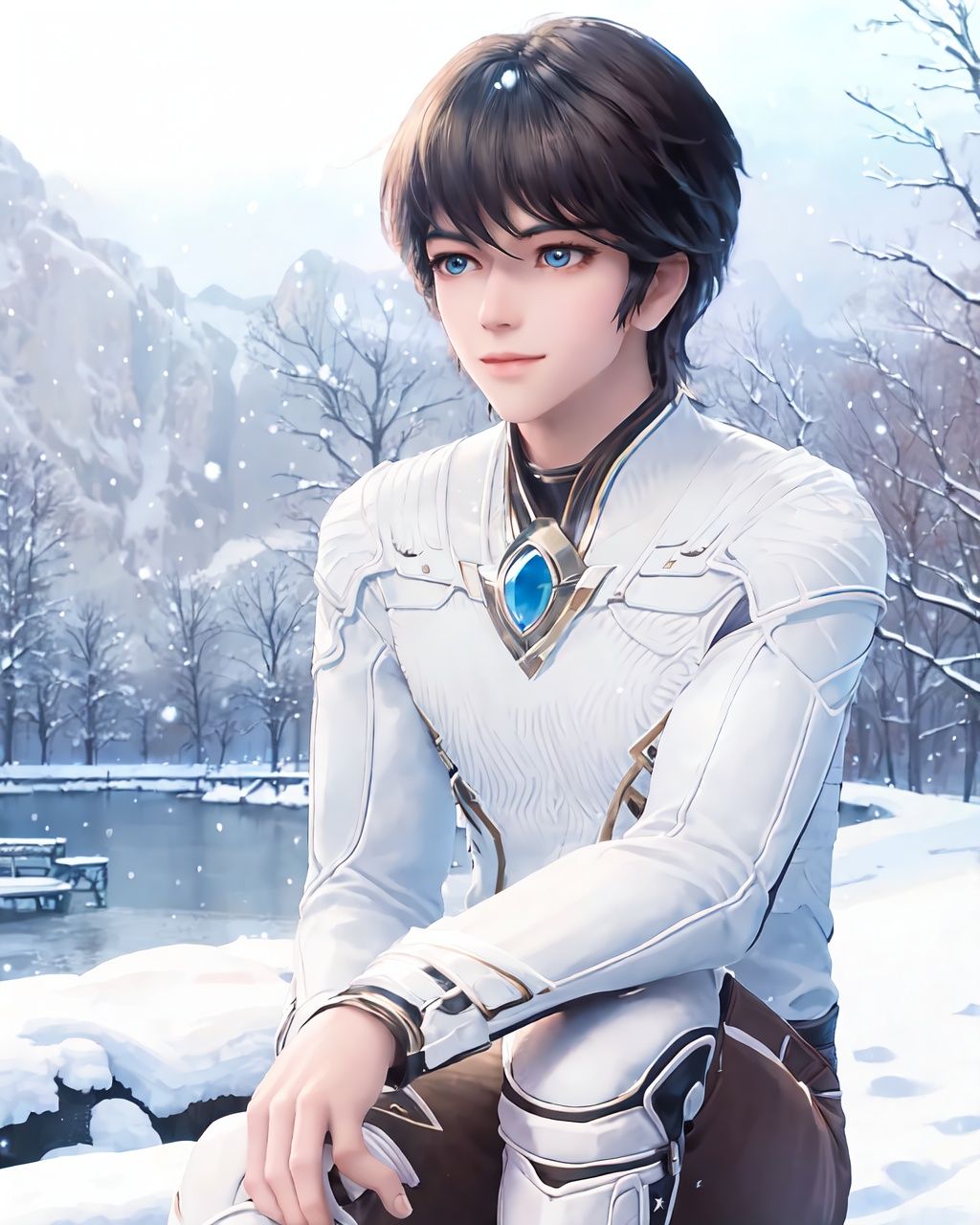 masterpiece, best quality, ultra detailed,  outdoors, winter, detailed and beautiful background, snowy, beautiful snowflakes, sitting, one knee, knee up, cowboy shot, dynamic angle, 1boy, LHC, nice face, light smile, looking at viewr, <lora:龙皓晨青年服-000008:0.85>