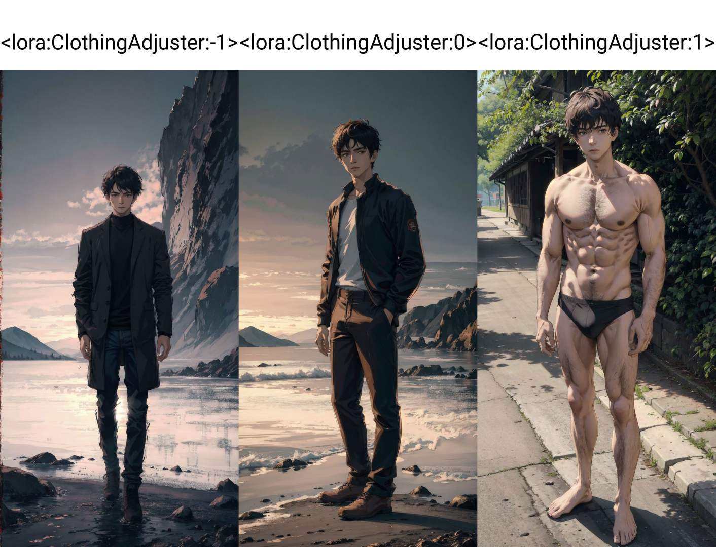 <lora:ClothingAdjuster:-1>, portrait of handsome guy, fashion fluffy cropped hair, looking at viewer, full body, graceful standing posture, solo, low key, dark light, masterpiece, best quality, outdoors