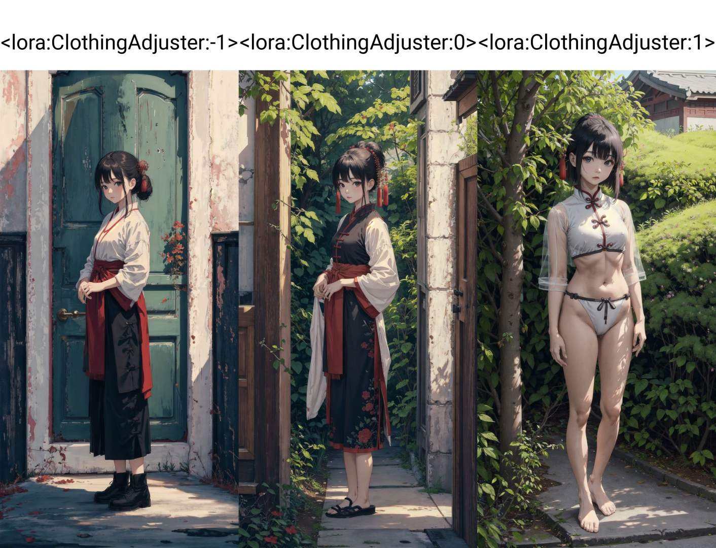 <lora:ClothingAdjuster:-1>, portrait of a Chinese traditional girl, fashion fluffy cropped hair, looking at viewer, full body, graceful standing posture, solo, low key, dark light, masterpiece, best quality, outdoors