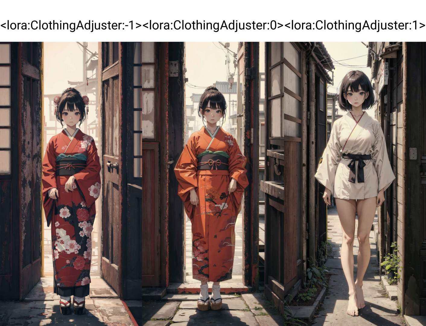 <lora:ClothingAdjuster:-1>, portrait of a Japanese traditional girl, fashion fluffy cropped hair, looking at viewer, full body, graceful standing posture, solo, low key, dark light, masterpiece, best quality, outdoors