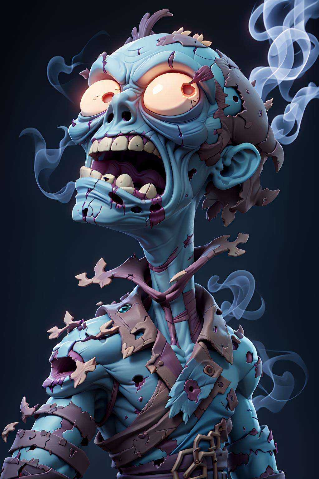 masterpiece, best quality, close up of a zombie with glowing eyes, smoke background