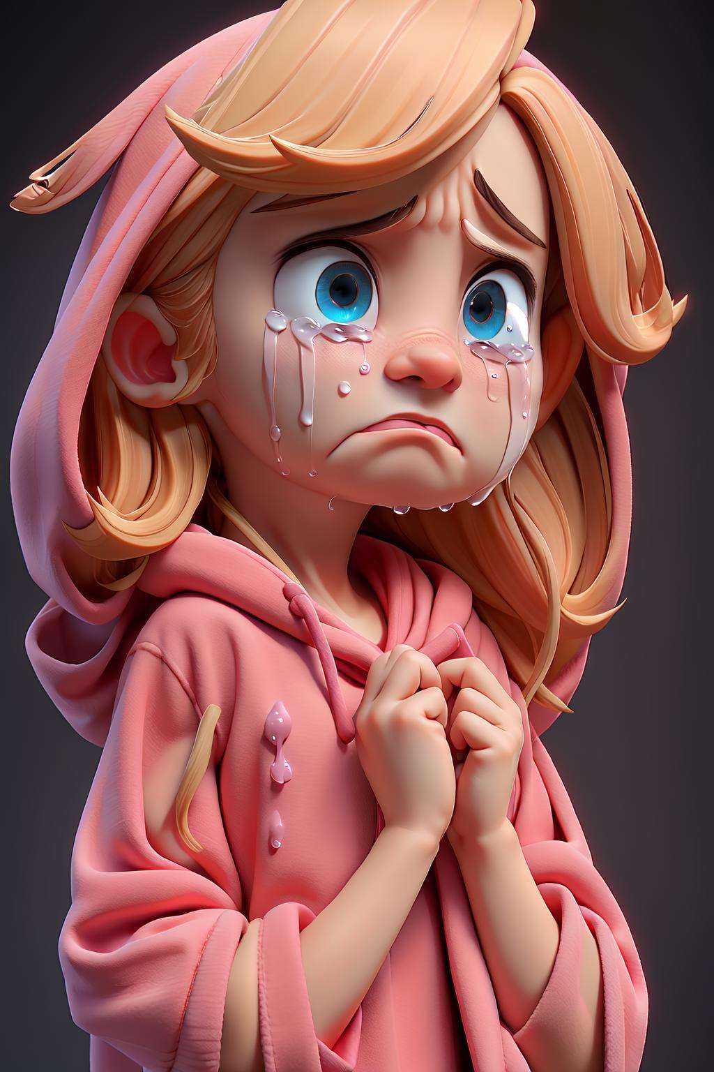 masterpiece, best quality,a sad blonde little girl with blonde hair crying with tears wearing pink hoodie, black background