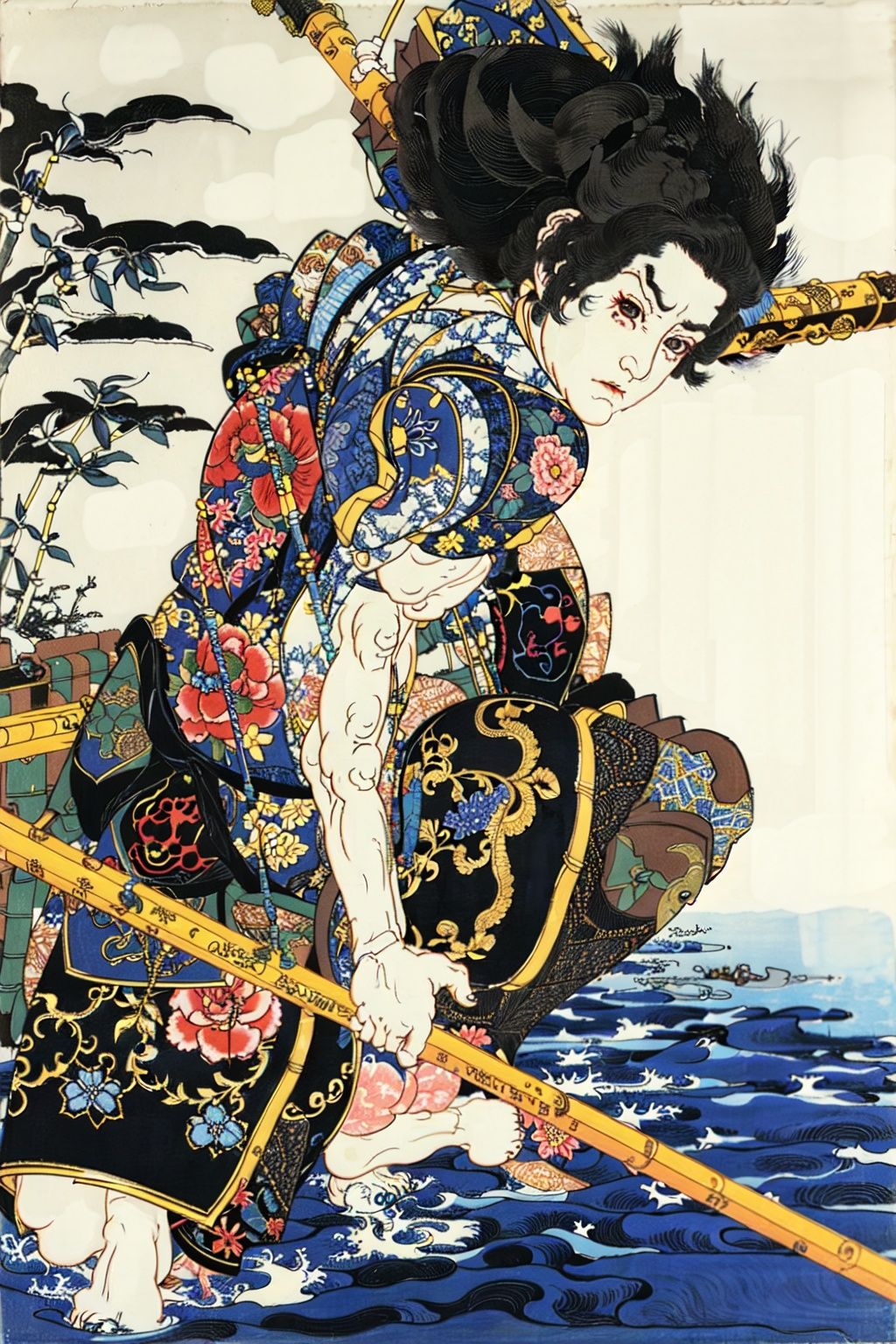 extreme detail description,Utagawa Kuniyoshi,(1boy:1.3),(emotional body movements:1.3),<lora:UK_20230624200348:0.78>,negative space, shuimobysim, water splash, (trees:0.5), (flowers:0.6) ,(birds:0.2), (bamboo0.1), bonian, bonian in background ,shukezouma, ,HDR,UHD,8K, best quality,