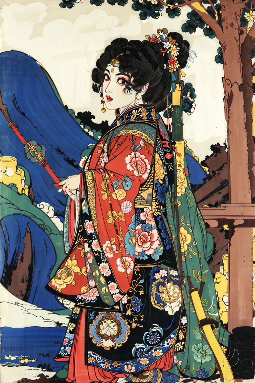 extreme detail description,Utagawa Kuniyoshi,(1girl:1.3),(emotional body movements:1.3),<lora:UK_20230624200348:0.78>,negative space, shuimobysim, water splash, (trees:0.5), (flowers:0.6) ,(birds:0.2), (bamboo0.1), bonian, bonian in background ,shukezouma, ,HDR,UHD,8K, best quality,