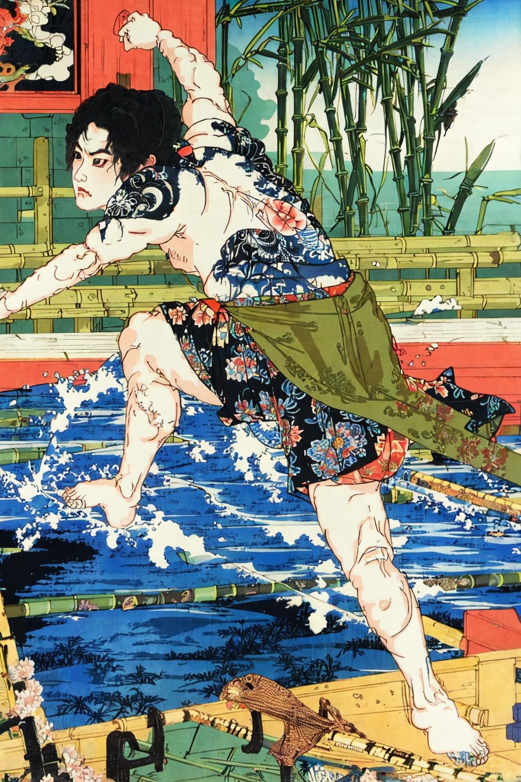 extreme detail description,Utagawa Kuniyoshi,(1boy:1.3),(emotional body movements:1.3),<lora:UK_20230624200348:0.78>,negative space, shuimobysim, water splash, (trees:0.5), (flowers:0.6) ,(birds:0.2), (bamboo0.1), bonian, bonian in background ,shukezouma, ,HDR,UHD,8K, best quality,