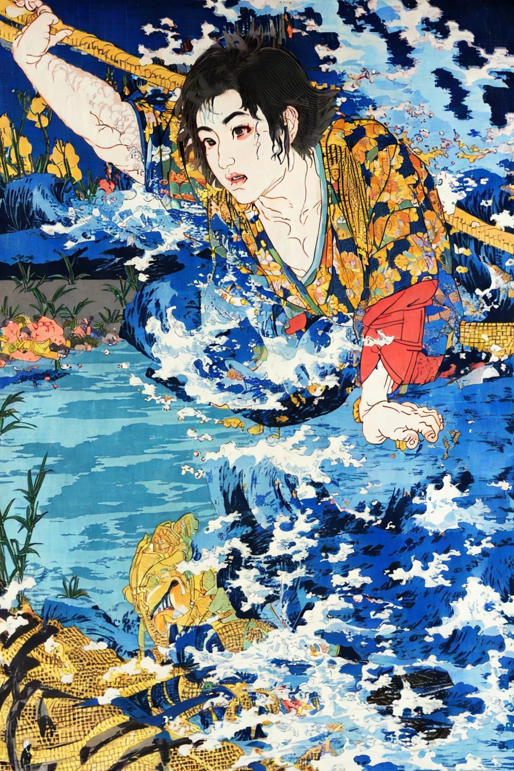 extreme detail description,Utagawa Kuniyoshi,(1boy:1.3),(emotional body movements:1.3),<lora:UK_20230624200348:0.78>,negative space, shuimobysim, water splash, (trees:0.5), (flowers:0.6) ,(birds:0.2), (bamboo0.1), bonian, bonian in background ,shukezouma, ,HDR,UHD,8K, best quality,