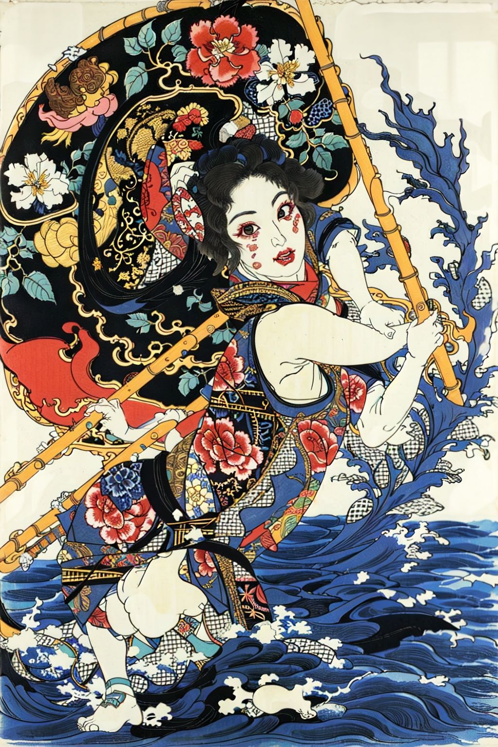 extreme detail description,Utagawa Kuniyoshi,(1girl:1.3),(emotional body movements:1.3),<lora:UK_20230624200348:0.78>,negative space, shuimobysim, water splash, (trees:0.5), (flowers:0.6) ,(birds:0.2), (bamboo0.1), bonian, bonian in background ,shukezouma, ,HDR,UHD,8K, best quality,