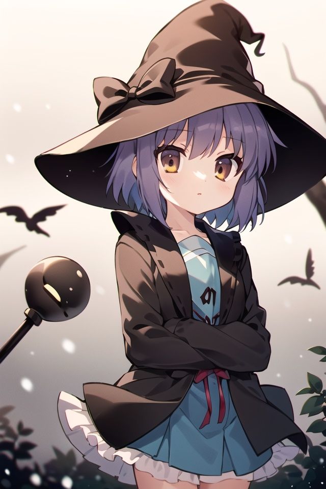 ((masterpiece:1.4, best quality))+, (ultra detailed)+, 1girl, solo,eyes,  bangs, skirt, shirt, long_sleeves, bow,closed_mouth, center_frills, bonnet, colorful,witch hat,school uniform, uniform,looking away, bright background, in forest, nature, sunshines through the leaves,snowing,expressionless,nagato yuki, <lora:NagatoYuki_NAI_V1.0:1>,arms behind back, (arm around back), 