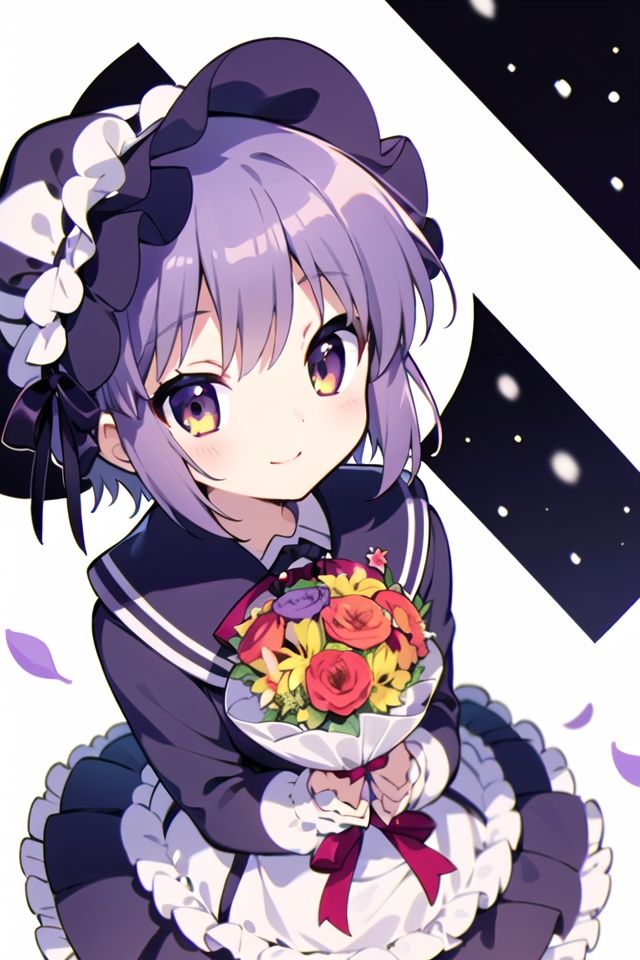 1girl, solo, eyes, smile, bangs, skirt, shirt, long_sleeves,  dress, bow, holding, closed_mouth, flower, frills,  petals, bouquet, holding_flower, center_frills, bonnet, holding_bouquet,  colorful, blue sky, dutch angle, <lora:NagatoYuki_NAI_V1.0:0.8>,nagato yuki,nagato-chan,school uniform, white background, looking to the side,purple hair, snow, snowing, 