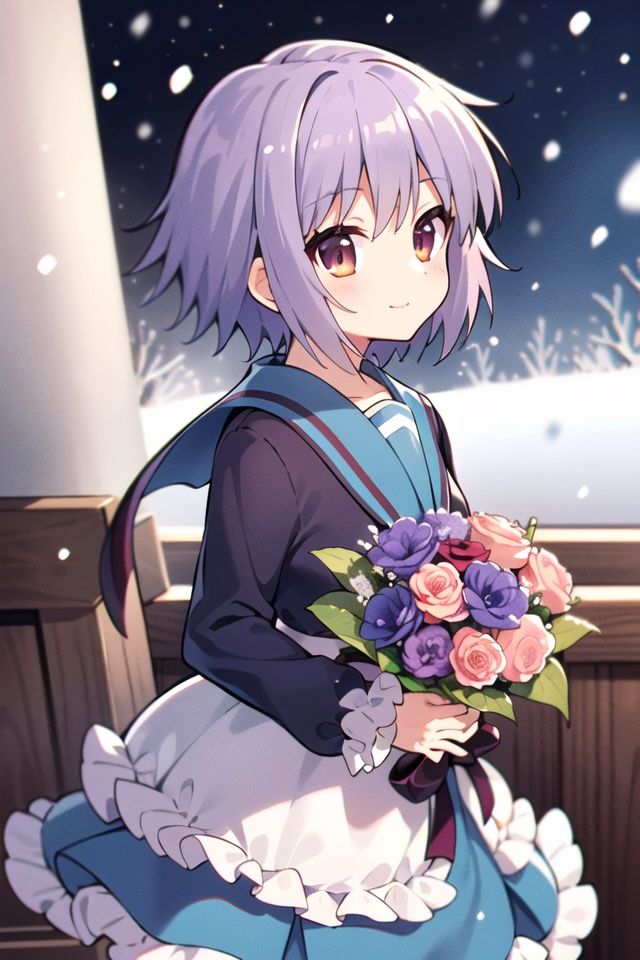 1girl, solo, eyes, smile, bangs, skirt, shirt, long_sleeves, bow, holding, closed_mouth, flower, frills,  petals, bouquet, holding_flower, center_frills,holding_bouquet,  colorful, blue sky, dutch angle, <lora:NagatoYuki_NAI_V1.0:0.8>,(nagato yuki),nagato-chan,school uniform, looking to the side,purple hair, snow, snowing, 