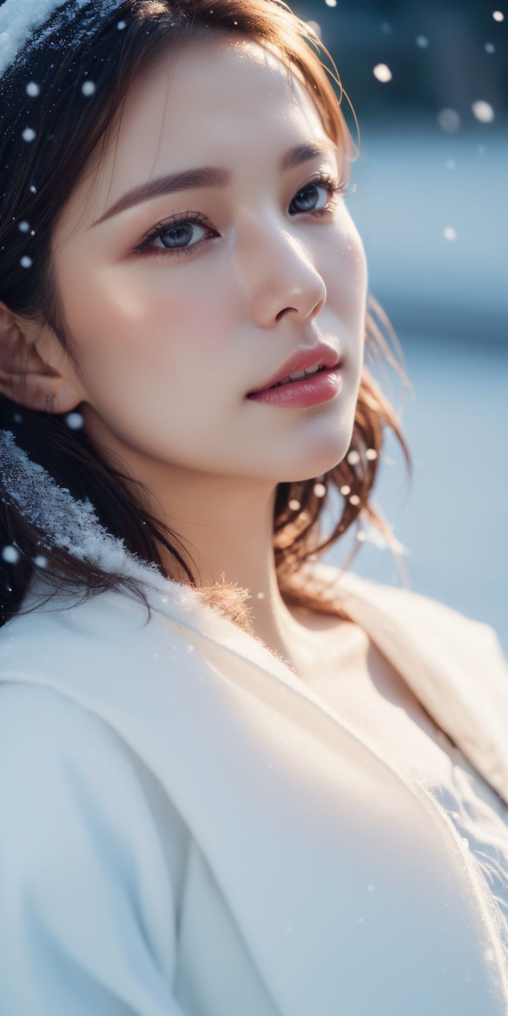 (fashion photography), (half body view), 1woman, natural skin texture, realistic eye and face details, detailed face, cinematic lighting, snowing, (8K, RAW photo, professional, best quality, masterpiece:1.2), (realistic, photorealistic:1.3), soft light
