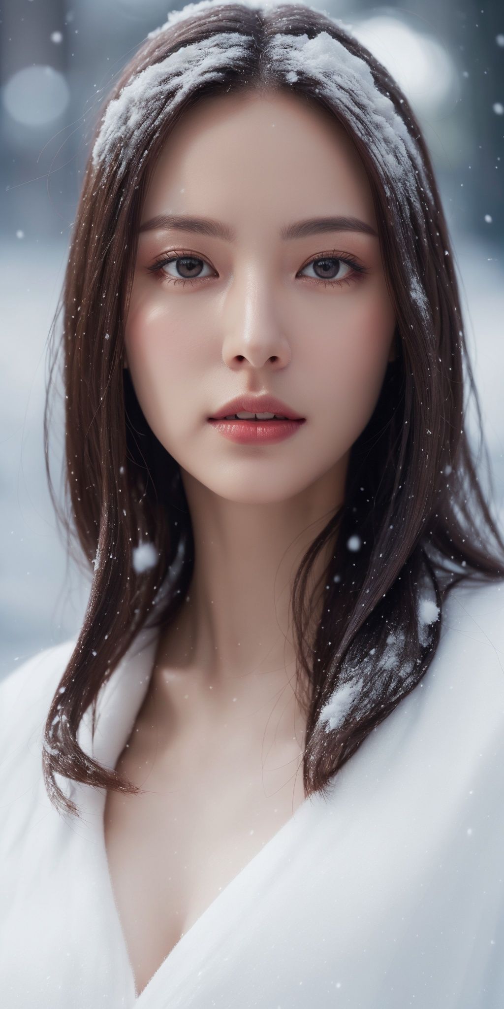 (fashion photography), (half body view), 1woman, natural skin texture, realistic eye and face details, detailed face, cinematic lighting, snowing, (8K, RAW photo, professional, best quality, masterpiece:1.2), (realistic, photorealistic:1.3), soft light