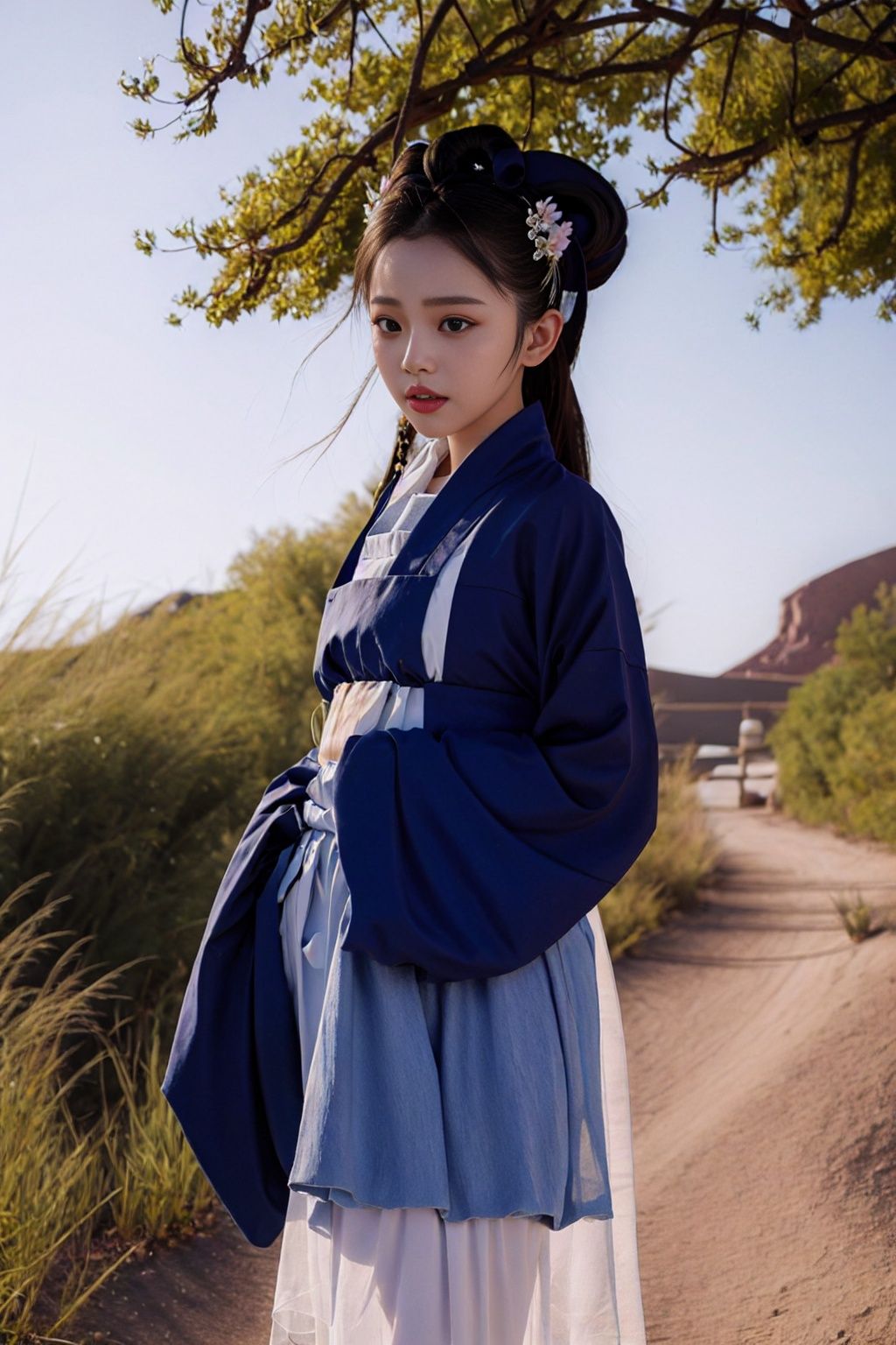best qality,high details, textured skin,1girl wear hanfu,outdoor,flower,perfect face,(cowboy shot:1.3),Normal facial features,ulzzang-6500, (pureerosface_v1:1.3)   <lora:wdr_realisti_chanfu:1>