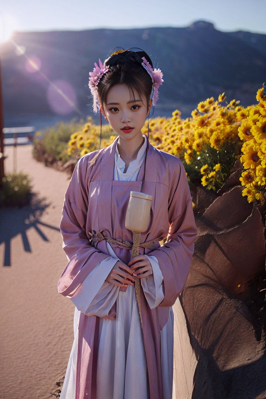 best qality,high details, textured skin,1girl wear hanfu,outdoor,flower,perfect face,(cowboy shot:1.3),Normal facial features,ulzzang-6500, (pureerosface_v1:1.3)   <lora:wdr_realisti_chanfu:1>